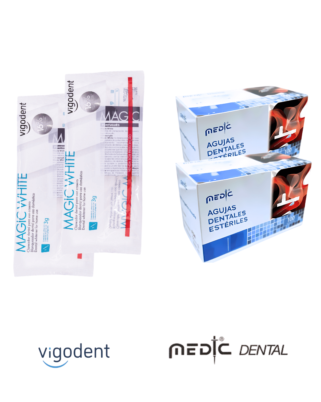 2 Cajas agujas – Medic + 2 Blanqueamientos Magic White – Vigodent